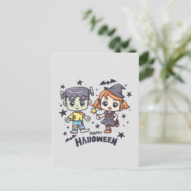 Carte Postale Jolie sorcière et Mischievous zombie garçon (Debout devant)