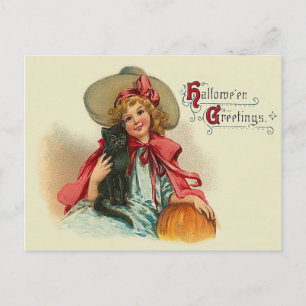 Carte Postale Jolie Sorcière Fille Chat Noir Citrouille