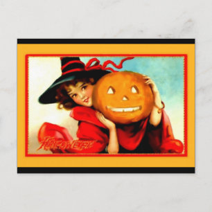 Carte Postale Jolie sorcière Halloween avec Jack O'Lantern Vinta