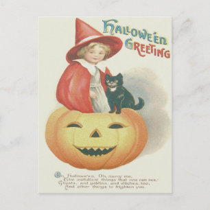 Carte Postale Jolie sorcière noir chat Jack-o'-lantern