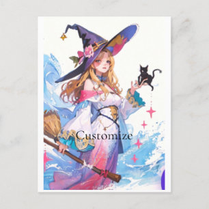 Carte Postale Jolie Sorcière tenant Chat noir Thunder_Cove
