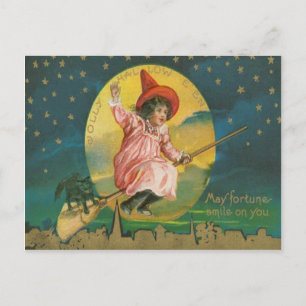 Carte Postale Jolie Sorcière Volante Chat Noir Pleine Lune