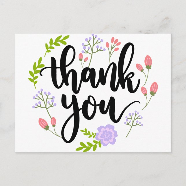 Carte Postale Jolie typographie florale manuscrite Merci (Devant)