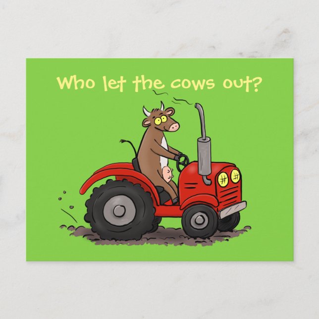 Carte Postale Jolie vache brune conduite tracteur dessin animé (Devant)