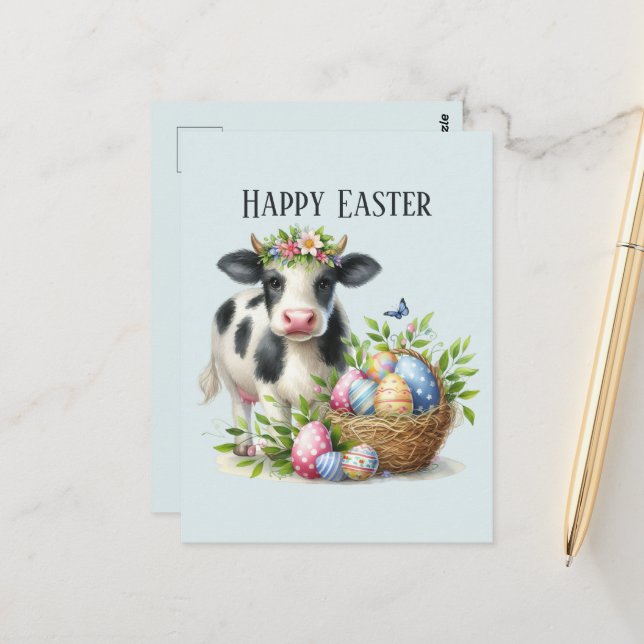 Carte Postale Jolie vache de Pâques ajouter du texte (Devant/Arrière en situation)