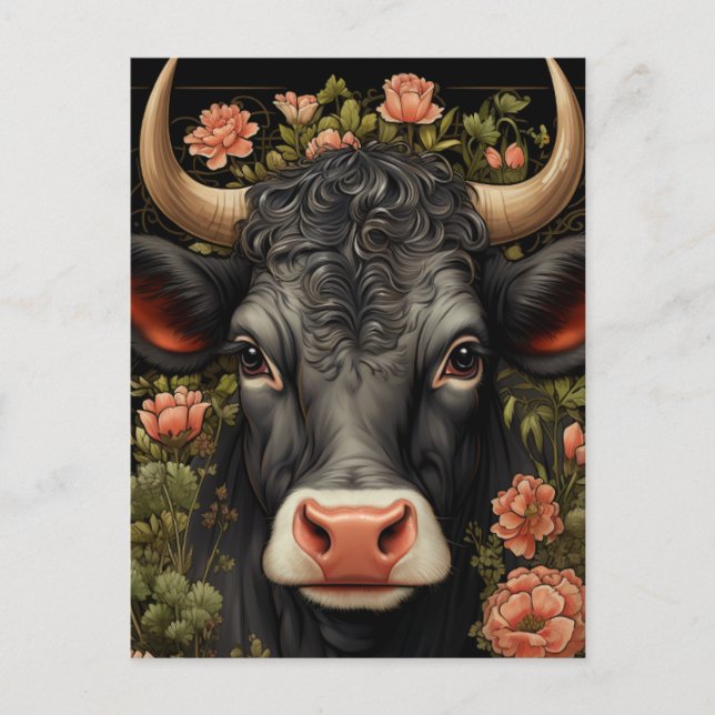 Carte Postale Jolie vache noire dans les fleurs (Devant)