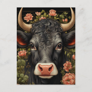 Carte Postale Jolie vache noire en fleurs