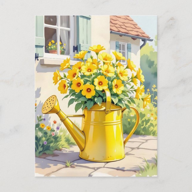 Carte Postale Jolies Fleurs Jaunes dans un Arrosoir (Devant)