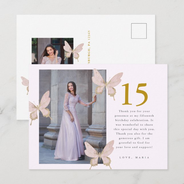 Carte Postale Jolies papillons Deux Photo Quinceanera Merci (Devant / Derrière)