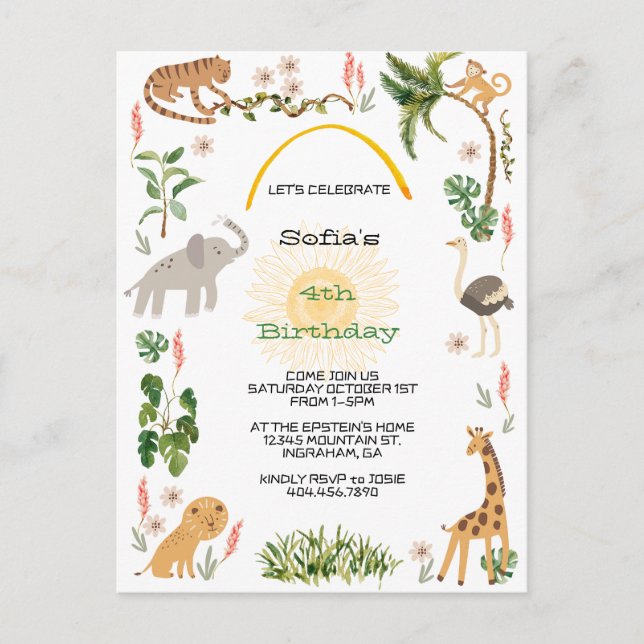 Carte Postale Jolis Animaux de la Jungle Anniversaire 2 (Devant)