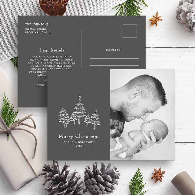 Carte Postale Jolis arbres de Noël à la craie Photo noir blanc (Créateur téléchargé)