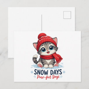 Carte Postale Jolis jours d'hiver avec un chaton en neige