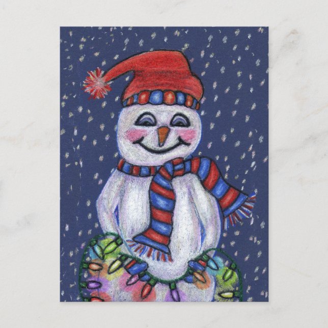Carte Postale Jolly Snowman Casquette Écarf Avec Lumières De Noë (Devant)
