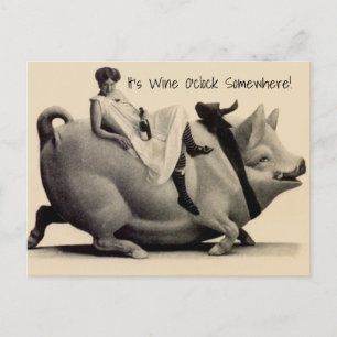 Carte Postale Jouer amusant dame cochon c'est du vin o'clock que