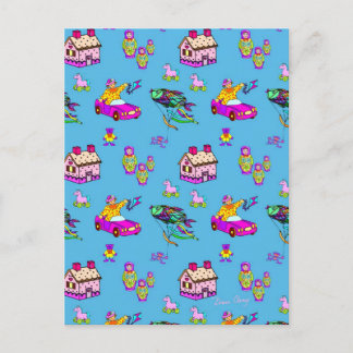 Carte Postale Jouets - Dollhouses roses et cerfs-volants turquoi