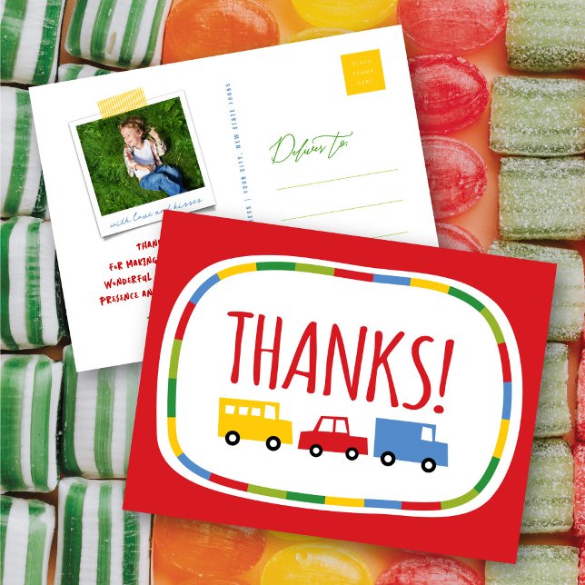 Carte Postale Jouets Jouets Merci Anniversaire de enfant (Boys Toys Colorful Fun Transport Kid's Birthday Party Thank You Postcard @ fatfatin_mini_me)