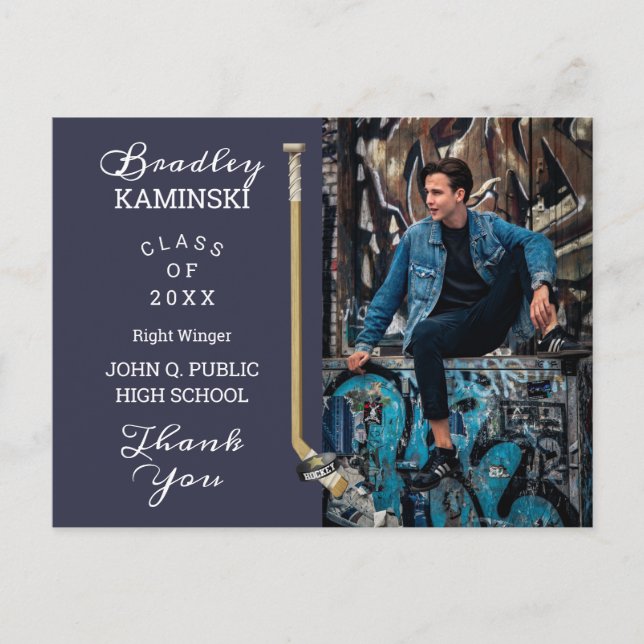Carte Postale Joueur de hockey Sports Graduation Photo Merci Po (Devant)