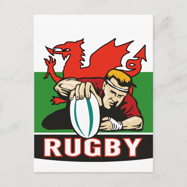 Carte Postale Joueur de rugby pointant essai drapeau de galles (Devant)