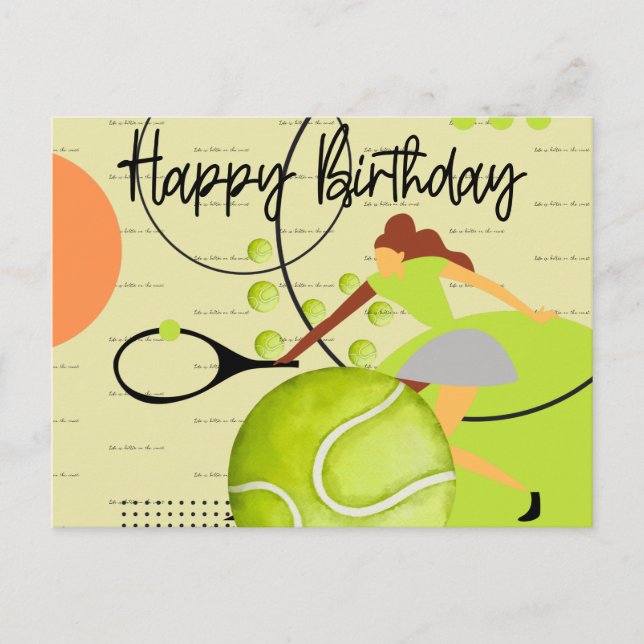 Carte Postale Joueuse de tennis jouant Happy Birthday sur fond j (Devant)