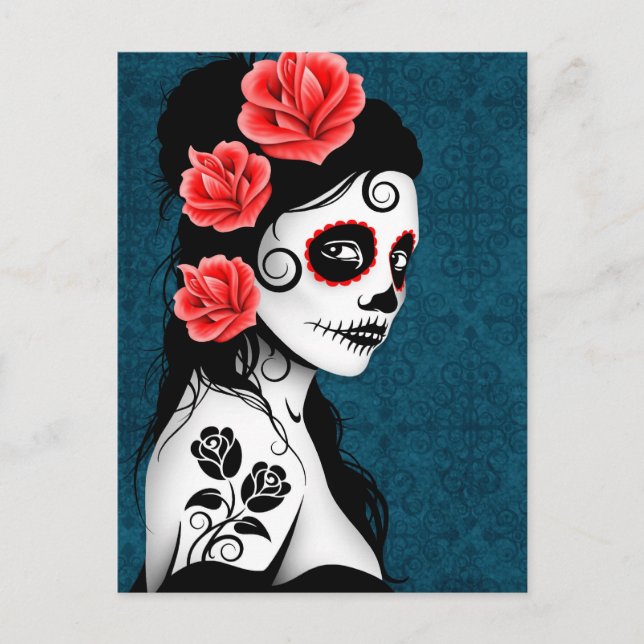 Carte Postale Jour de la fille crâne de sucre mort - bleu (Devant)