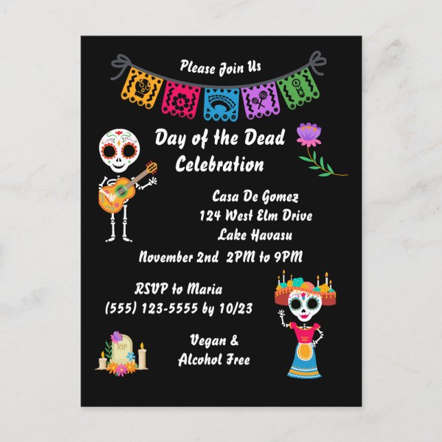 Carte Postale Jour de la mort crâne de sucre Skeletons Invitatio (Devant)