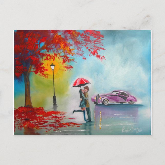 CARTE POSTALE JOUR DE PLUIE ROUGE PARAPLULE ROMANTIQUE COUPLE (Devant)