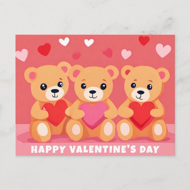 Carte Postale Jour des Valentines Teddy Ours Coeur rose rouge (Devant)