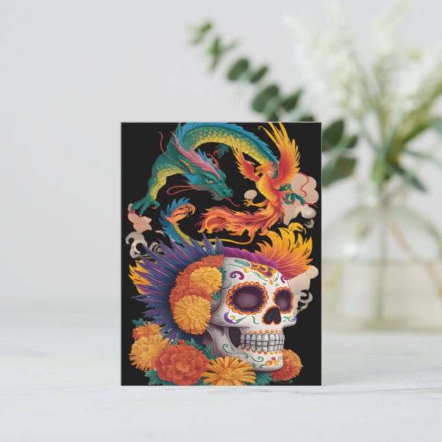 Carte Postale Jour Du Crâne Mort Avec Dragon Et Phoenix (Debout devant)