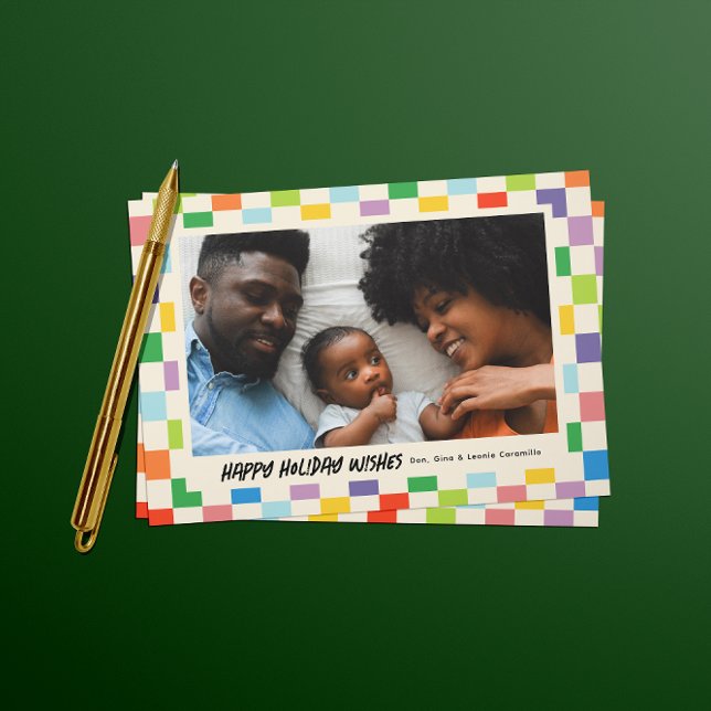 Carte Postale Jour férié en damier de couleur vive (colorful checkerboard patterned landscape photo Christmas holiday postcard)