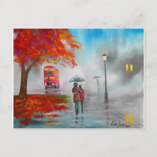 Carte Postale Jour pluvieux automne rouge bus peinture parapluie