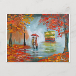 Carte Postale Jour pluvieux automne tableau de tramway parapluie