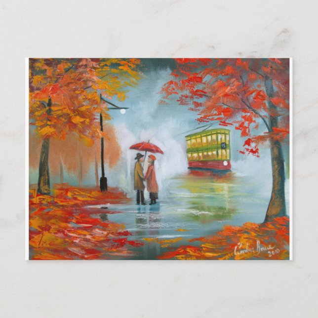 Carte Postale Jour pluvieux automne tableau de tramway parapluie (Devant)