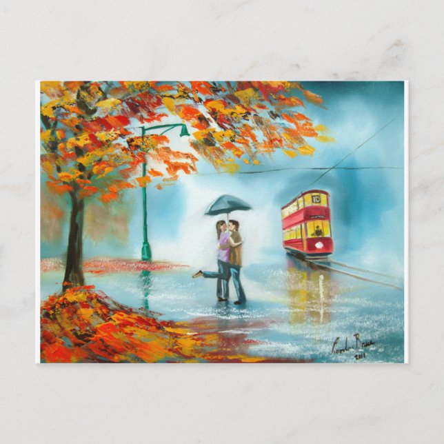 Carte Postale Jour pluvieux automne tram rouge parapluie romanti (Devant)