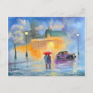 Carte Postale Jour pluvieux rouge parapluie romantique couple ma