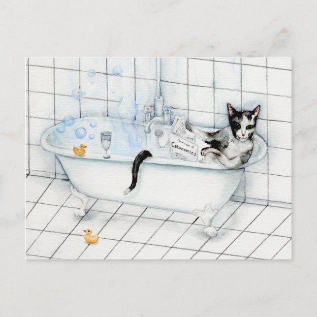 Carte Postale Journal de lecture de chat dans la baignoire (Devant)