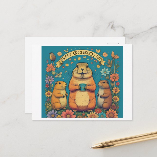 Carte Postale Journée de la marmotte A Célébration du printemps (Devant/Arrière en situation)