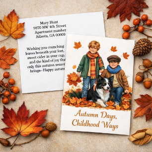 Carte Postale Jours d'automne enfants et Border Collie 