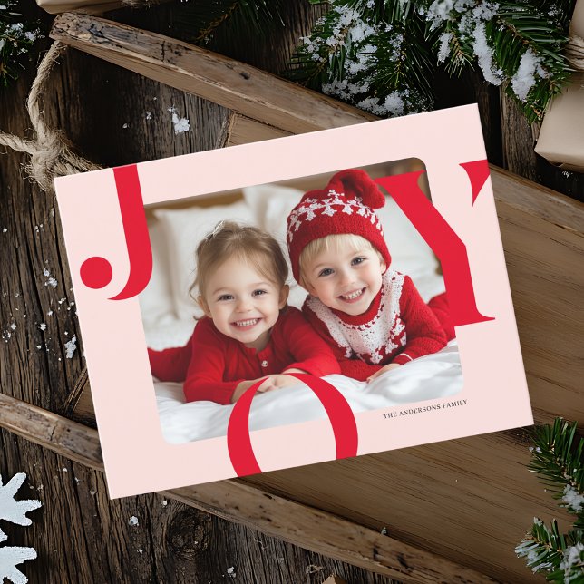 Carte Postale JOY Christmas Photo | Famille moderne rouge et ros (Créateur téléchargé)