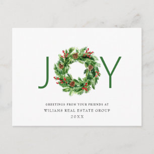 Carte Postale JOY Holly Berry Pine Christmas Wreath Corporate