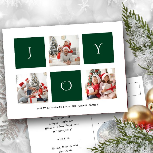 Carte Postale JOY Modern Green Fun Script Photo Collage Simple H (Créateur téléchargé)