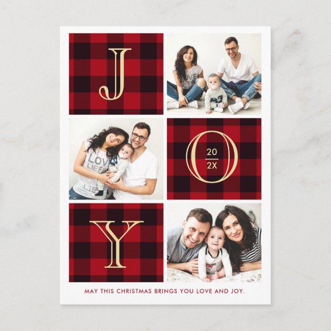 Carte Postale JOY | Red Plaid Photo Collage Noël (Devant)