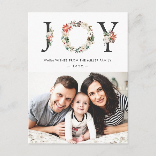 Carte Postale JOY Typographie Poinsettia Floral Christmas Photo (Devant)
