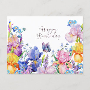 Carte Postale Joyeuse aquarelle d'anniversaire Iris Fleurs et Ja