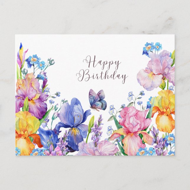 Carte Postale Joyeuse aquarelle d'anniversaire Iris Fleurs et Ja (Devant)
