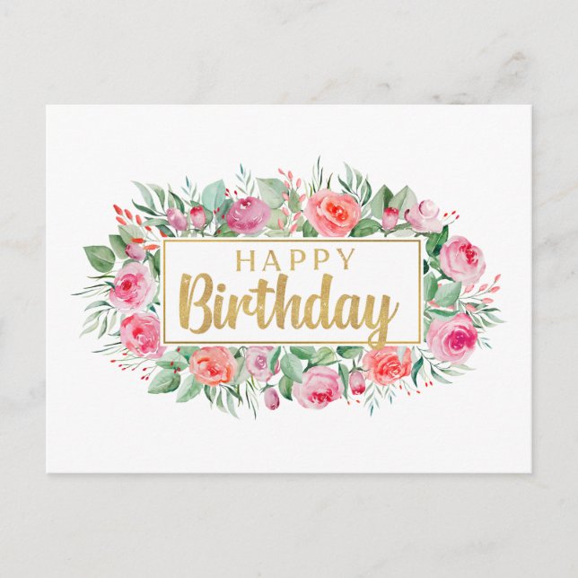Carte Postale Joyeuse aquarelle d'anniversaire Roses roses roses (Devant)