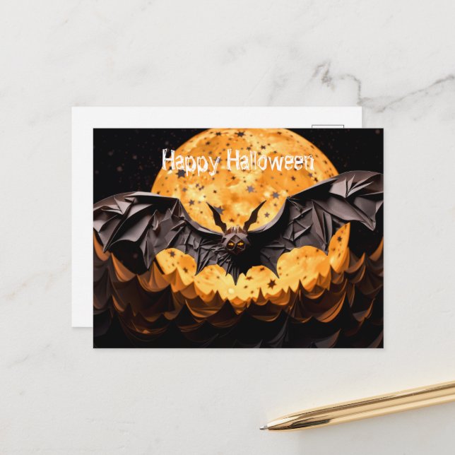 Carte Postale Joyeuse chauve-souris d'Halloween et lune (Devant/Arrière en situation)