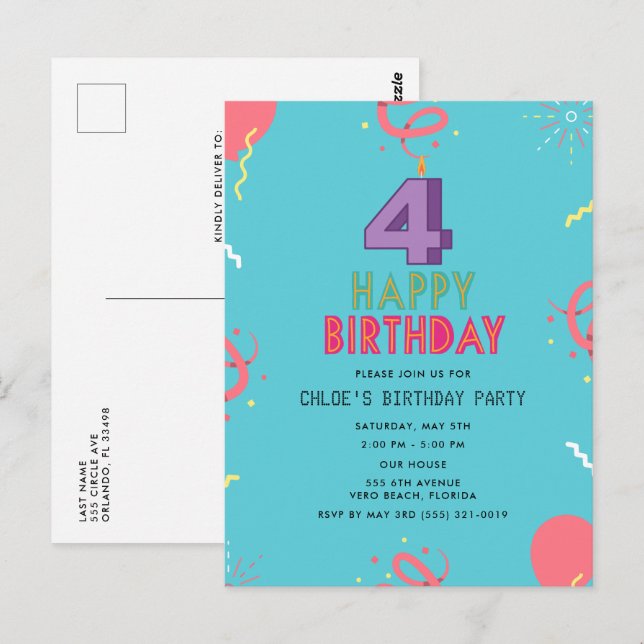 Carte Postale Joyeuse fête des enfants du 4e anniversaire (Devant / Derrière)