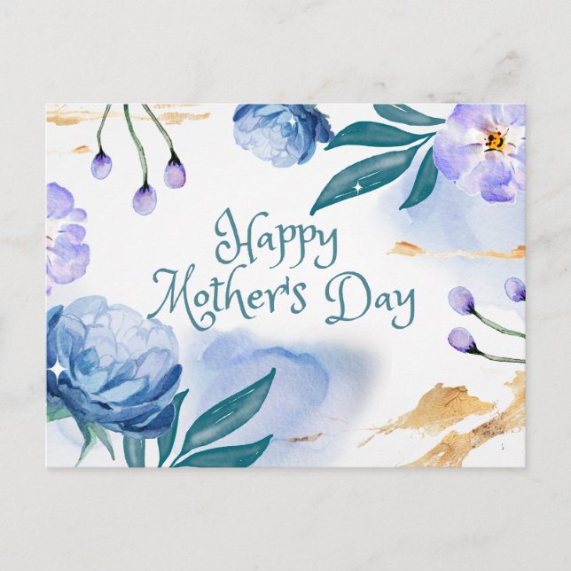 Carte Postale Joyeuse Fête des Mères Aquarelle Bleu, Fleurs viol (Devant)