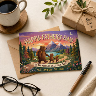 Carte Postale Joyeuse Fête des Pères Papa Ours Camping Montagnes