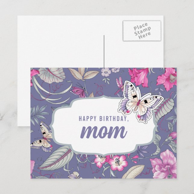 Carte Postale Joyeuse maman d'anniversaire. Fleurs et papillon a (Devant / Derrière)